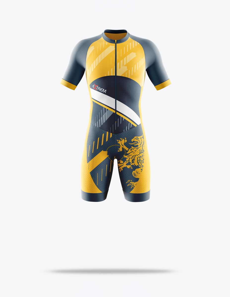 Equipació de màniga curta de BTT de color negre amb detalls de color groc.