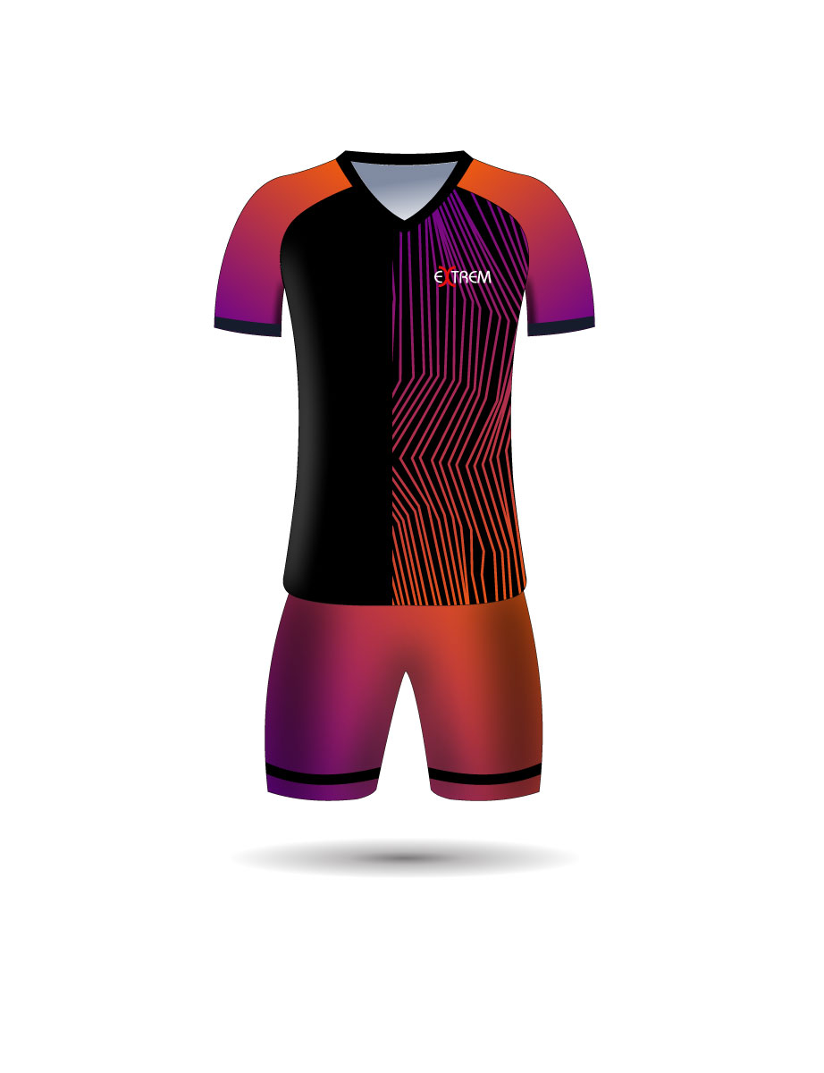 Equipació de futbol negra amb detalls i degradats de color fúcsia i taronja.