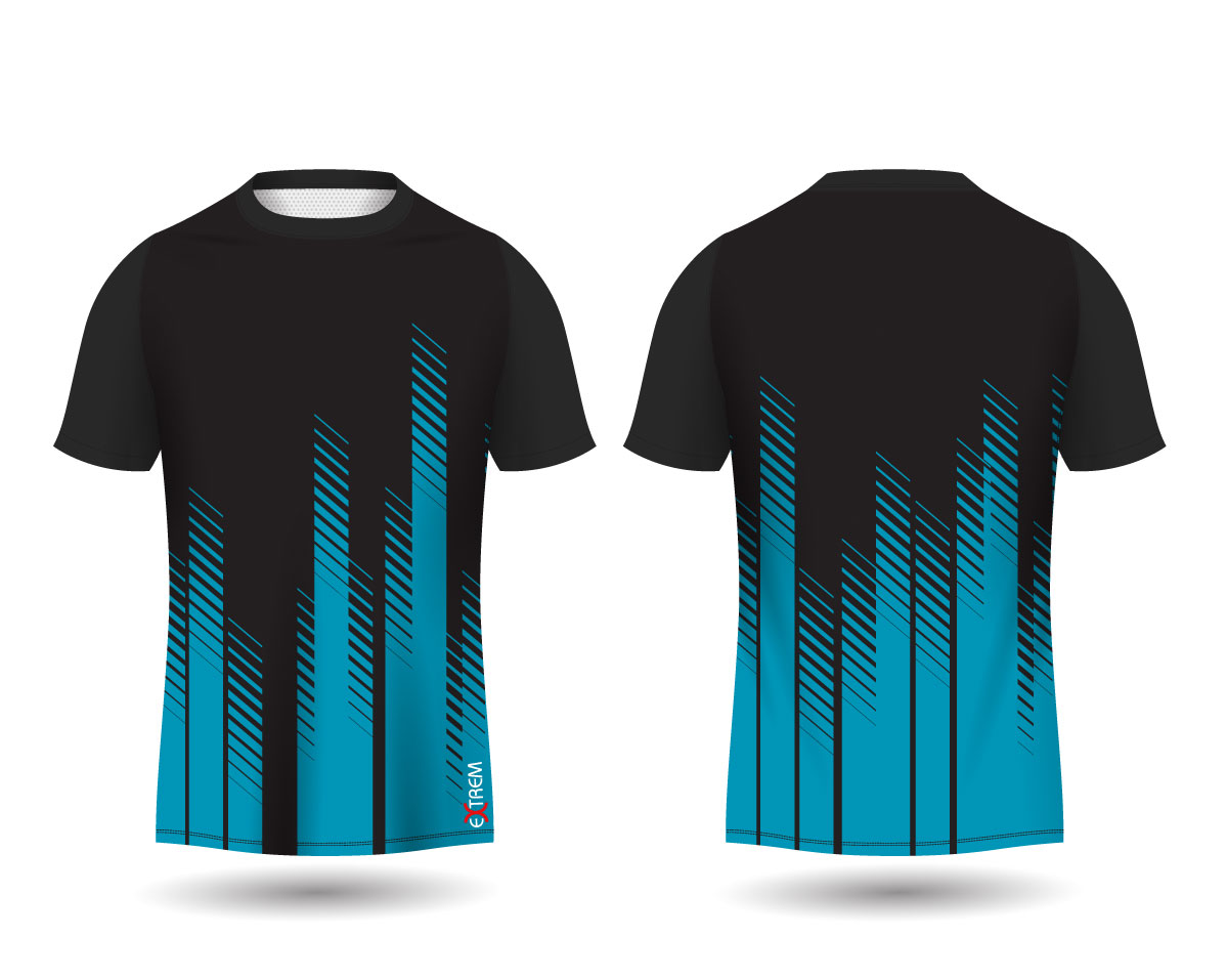 Camiseta de màniga curta de color negre amb detalls de línies verticals de color blau.